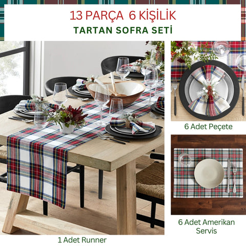 Tartan 6 Kişilik 13 Parça Leke Tutmaz Sofra Seti Beyaz